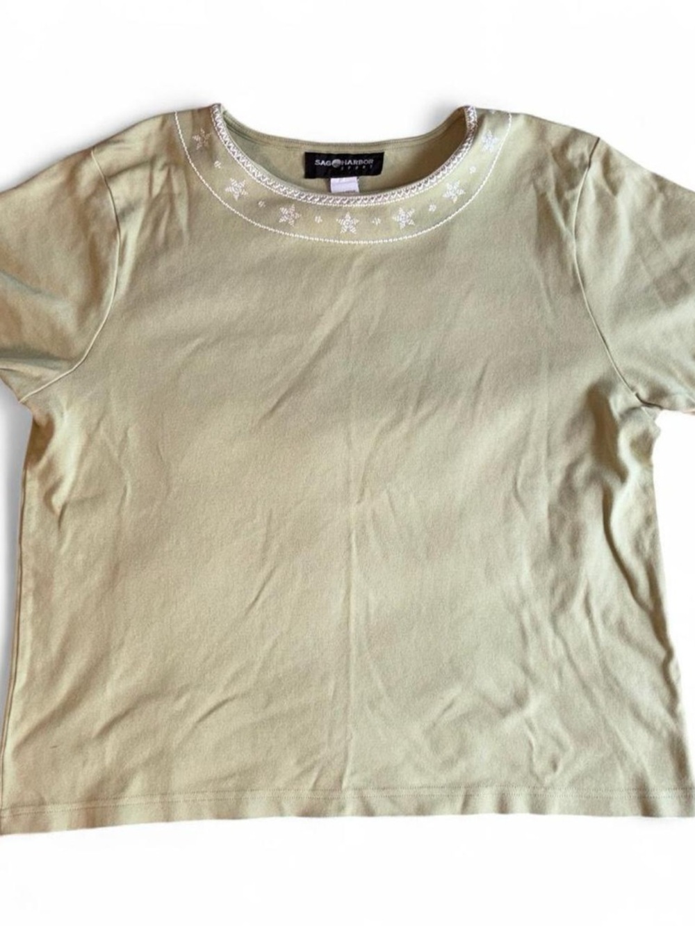 Olive Green Short Sleeve Tee with White Neck Embroidery